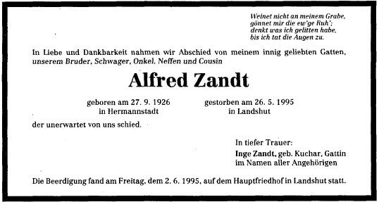Zandt Alfred 1926-1995 Todesanzeige